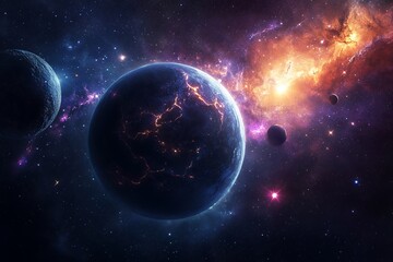 Wall Mural - spectacular cosmic scene of planets in glowing nebulae and distant stars