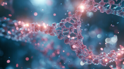 Poster - DNA helix. Scientific research. Genome decoding and medical innovation. 3d illustration of a DNA molecule under a microscope with an abstract, nanotechnology background