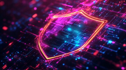 Poster - Cybersecurity Digital Shield Neon Abstract Technology Background Futuristic Pink Blue Orange Glow Network Data Protection Secure System Modern Digital