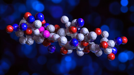 Poster - Medical studies of molecular structures. Science in the service of man. Technologies of the future in our life. 3D illustration of a molecule model in neon light