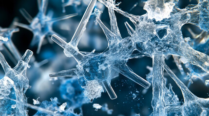 Poster - Molecule 3D illustration. Laboratory experiments and research. Nanostructures in high-tech areas of cell technology. Medical developments. Crystal lattice under a microscope. Cell therapy