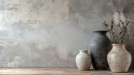 Poster - a rustic backdrop in neutral colors with copyspace and vases in the foreground