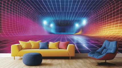 Fototapete - A retro-futuristic 3D wall mural showcasing vibrant neon grids and patterns, evoking a nostalgic yet futuristic vibe.