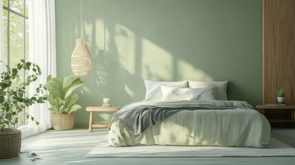 Poster - A serene Scandinavian bedroom with soft neutral tones and modern wabisabi furniture The walls are painted a light earthy green with limewashed effect The focal point is