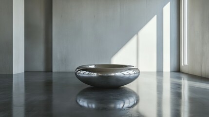 Poster - A silver pedestal with a smooth surface sits in the middle of a grey futuristic room