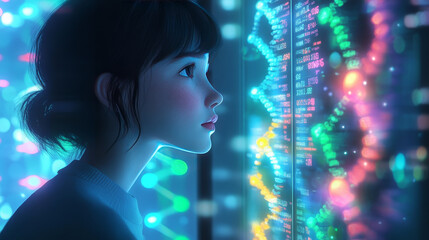 Poster - DNA helix 3D illustration. Mutations under microscope. Decoding genome. Virtual modeling of chemical processes. Hi-tech in medicine