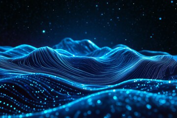 Poster - abstract blue digital landscape glowing lines particle waves futuristic technology background modern