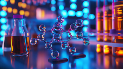 Poster - Molecule 3D illustration. Computer simulation and laboratory experiments. Decoding genome. Virtual modeling of chemical processes. Hi-tech in medicine