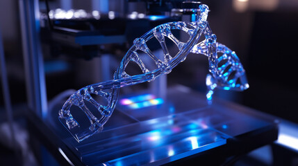 Poster - DNA helix 3D illustration. Mutations under microscope. Decoding genome. Virtual modeling of chemical processes. Hi-tech in medicine