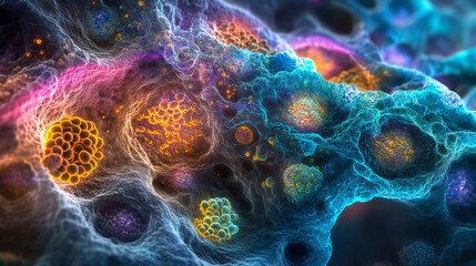 Poster - Molecule 3D illustration. Laboratory experiments and research. Nanostructures in high-tech areas of cell technology. Medical developments. Crystal lattice under a microscope. Cell therapy