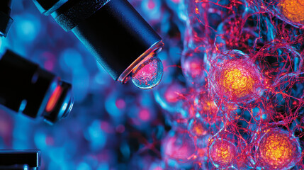 Poster - Molecule 3D illustration. Laboratory experiments and research. Nanostructures in high-tech areas of cell technology. Medical developments. Crystal lattice under a microscope. Cell therapy