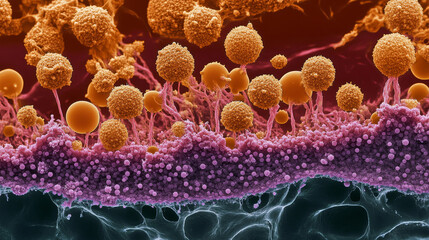 Poster - Molecule 3D illustration. Laboratory experiments and research. Nanostructures in high-tech areas of cell technology. Medical developments. Crystal lattice under a microscope. Cell therapy