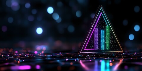 Poster - Glowing neon triangle with purple and green light effects on dark background with bokeh lights and reflective surface creates futuristic cyberpunk atmosphere.