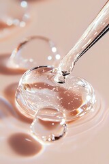 Poster - Transparent liquid drops forming heart shapes on pink background with water stream pouring, creating romantic macro photography effect with bokeh lights.