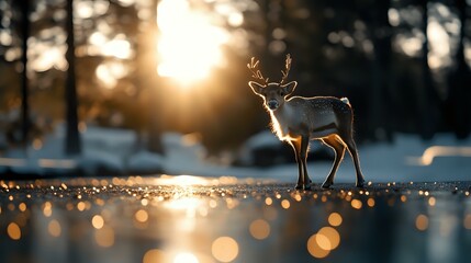 Poster - Miniature reindeer figurine silhouetted against golden sunset with bokeh lights on snowy winter landscape, creating magical holiday atmosphere and festive mood.