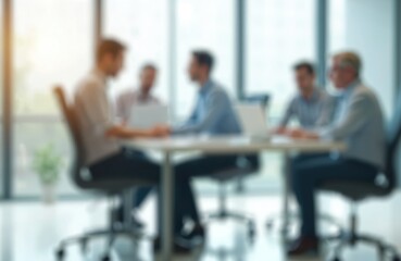Poster - Blurred office meeting with businessmen at table, work process. Team discuss project, using laptop. Business meeting cooperation in workplace, modern corporate interior design, business people