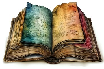 Poster - Vintage open book with colorful watercolor pages in blue, yellow and red tones showing aged paper texture and mysterious text, magical fantasy concept for storytelling.