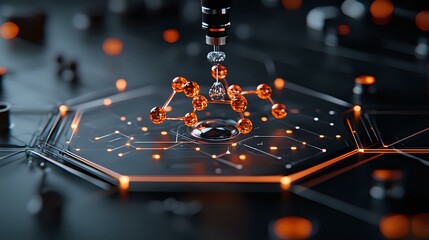Poster - Glowing orange molecular structure on dark hexagonal surface with connected nodes, illustrating scientific research and chemical compounds in modern laboratory.