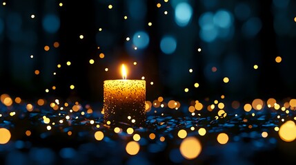 Poster - Glowing golden candle with magical bokeh lights on dark background creates atmospheric mood for spiritual, holiday, or romantic designs.
