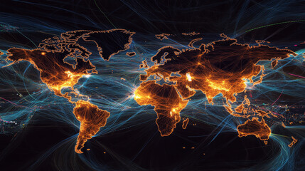 Poster - Global logistics, map of the movement of goods, continental transport, exchange and data protection. 3d illustration of digital map screen with graph elements