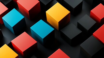 Poster - Abstract Colorful Cubes Geometric Pattern Modern Design Background Digital Art Illustration Vivid Red Blue Yellow Black Blocks 3D Render Graphic      