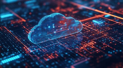 Poster - Abstract Digital Cloud Computing Network Technology Data Center Server Blue Orange Glow Futuristic Innovation Modern Digitalization Information       