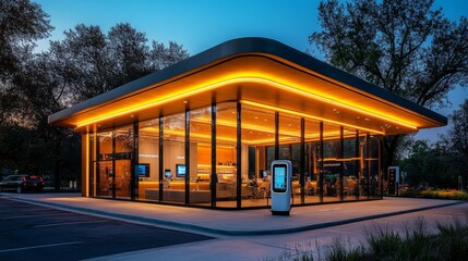 Aufkleber - A modern electric vehicle charging station with large glass windows and warm lighting stands amidst green trees at dusk. It showcases facilities for charging and encourages sustainable transport.