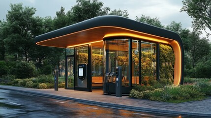 Leinwandbilder - A futuristic electric vehicle charging station designed with large glass panels and interior greenery, featuring user friendly charging points and automated systems in an eco friendly setting.