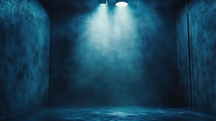 Poster - Dark blue smoky room with spotlights illuminating empty space.
