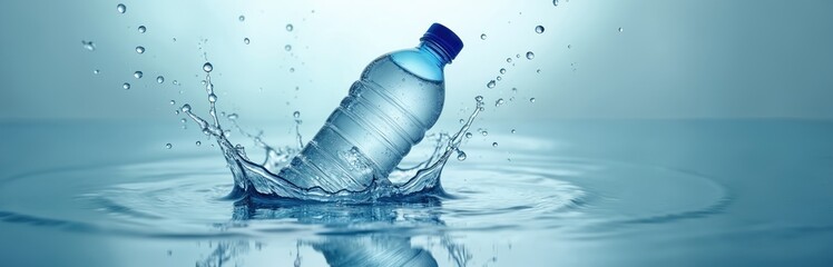 Aufkleber - Bottle of water falls into water, creating splash. Refreshing drink, hydration concept, water splash, fluid. Clear liquid bottle with blue cap falling into clean water.