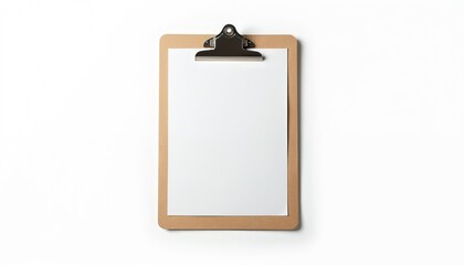 Aufkleber - Blank clipboard, white paper sheet, metal clip. Brown wooden board, isolated on white background. Vertical, top view office design. Empty space for notes, document. Business memo, checklist, record,