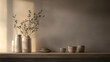 © Minimal & Cozy - Minimalist shelf with ceramic vases and bowls against a textured wall in warm, neutral tones.