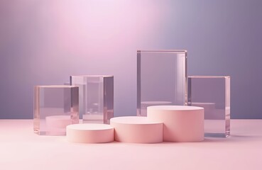 Aufkleber - Transparent podiums product display. Minimalist pink platform stage with geometric shapes for product presentation in purple gradient background with copy space. Empty showcase for cosmetic goods,