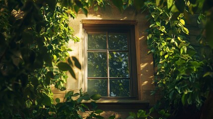 Aufkleber - Sunlit window framed by lush green foliage on a building's exterior wall.