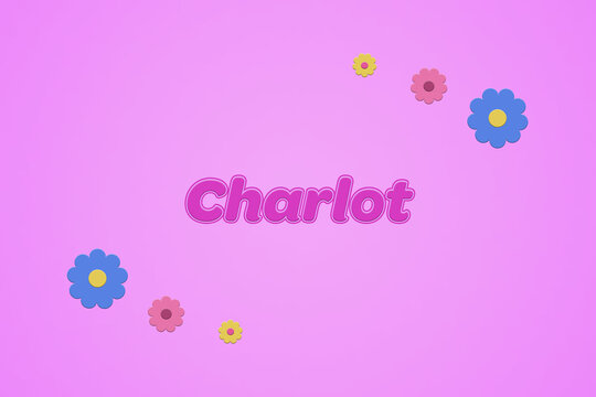 Charlot female girl name illustration in pink with blossoms, flowers