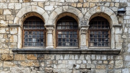 Poster - Three arched windows in a stone wall.