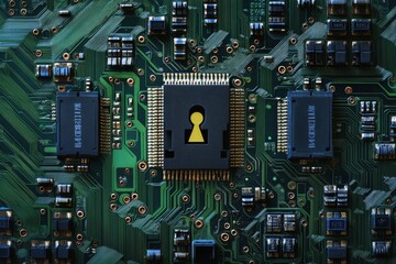 Poster - Circuit board with a keyhole symbol signals cybersecurity importance in technology development
