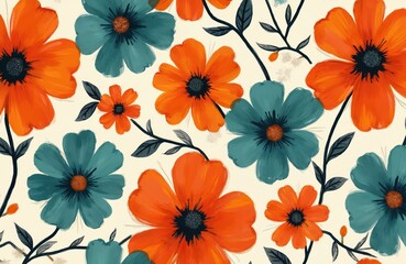 Aufkleber - Colorful abstract floral art pattern with hand drawn flowers and leaves. Vintage style acrylic painting illustration ideal for spring season print design. Vibrant blooms on canvas.