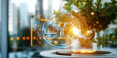 Poster - Digital interface displaying data trends and virtual elements integrated with a lush green plant in bright office setting. Concept of innovation, sustainability, tech in office, eco-friendly business