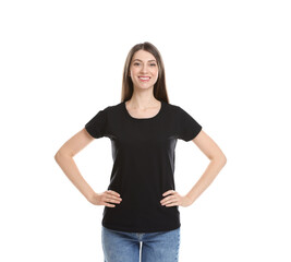 Wall Mural - woman wearing blank black t-shirt on white background. mockup for design