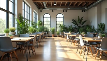Poster - Modern workspace with individual desks comfortable chairs plants, creating pleasant working environment. Bright interior wooden floors. Office cafe decor, dining space. Empty cafe, restaurant. Wooden