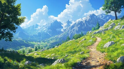Poster - Sunny mountain landscape with a winding trail through green meadows and rocky terrain, leading to snow-capped peaks under a vibrant blue sky.