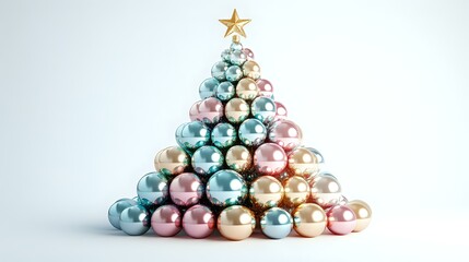 Poster - Festive Christmas tree arrangement made from shiny metallic baubles in pastel pink, blue, and gold tones topped with star ornament on white background. Modern holiday decor.