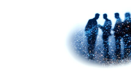 Poster - Silhouettes of business people with glowing blue particles effect on white background, creating mysterious professional atmosphere. Group meeting concept.