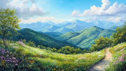 Poster - Panoramic view of a mountain range with a winding path through a vibrant meadow.
