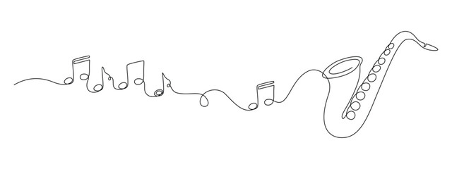 Aufkleber - Saxophone with notes in one continuous line drawing. Wind musical instrument for orchestra and jazz concert banner in simple linear style. Editable stroke. Doodle oneine vector illustration
