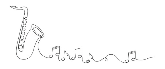 Fototapete - Saxophone with notes in one continuous line drawing. Wind musical instrument for orchestra and jazz concert banner in simple linear style. Editable stroke. Doodle vector illustration