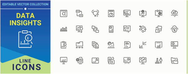 Poster - Data Insights linear icon. Related to management, analytics, research, analysis, data, information and more. Data Analytics icon set. Set of line pictogram. Editable stroke vector art.