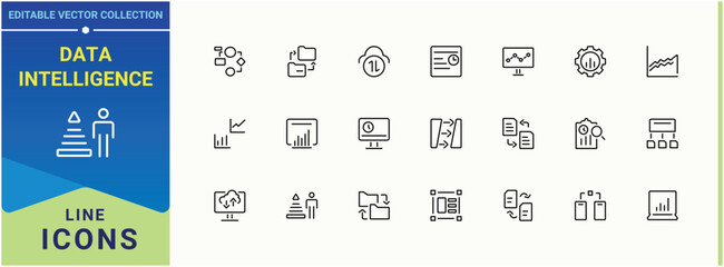 Poster - Data Intelligence vector icon set. Containing data, database, computing, management, analysis, research and more. Data Analytics line icon. Minimalist vector collections. Editable vector.