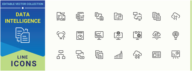 Poster - Data Intelligence vector icon set. Containing data, database, computing, management, analysis, research and more. Data Analytics line icon. Minimalist vector collections. Editable vector.